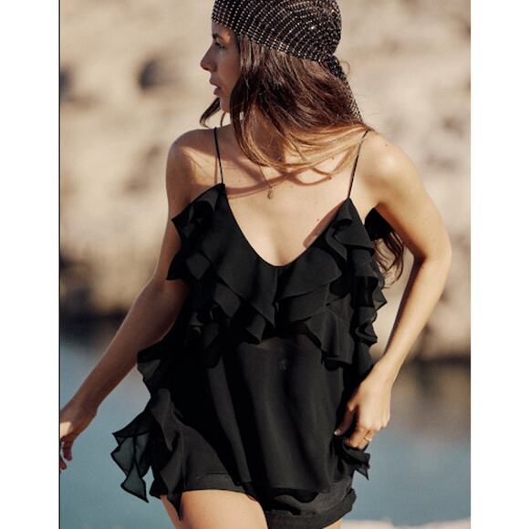 Zara Camisole Ruffle Top Chiffon V-Neck Black - Picture 1 of 6